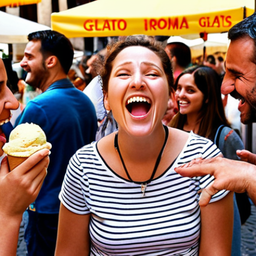 Home 17 **Image Prompt:** People reacting positively to a new gelato flavor in a crowded Piazza in Rome. Focus on happy expressions and the vibrant colors of the gelato stand.
