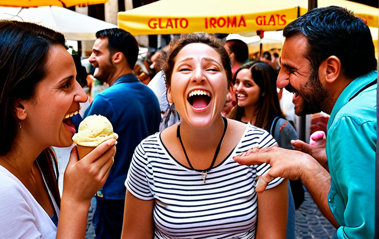 **Image Prompt:** People reacting positively to a new gelato flavor in a crowded Piazza in Rome. Focus on happy expressions and the vibrant colors of the gelato stand.