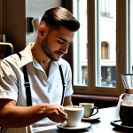 Home 9 ** A friendly barista in a stylish, modern caffè in Milan, fully clothed in a crisp uniform, preparing a perfect cappuccino. Sunlight streams through the window. Appropriate attire, safe for work, perfect anatomy, natural proportions, professional photography, high quality.
**