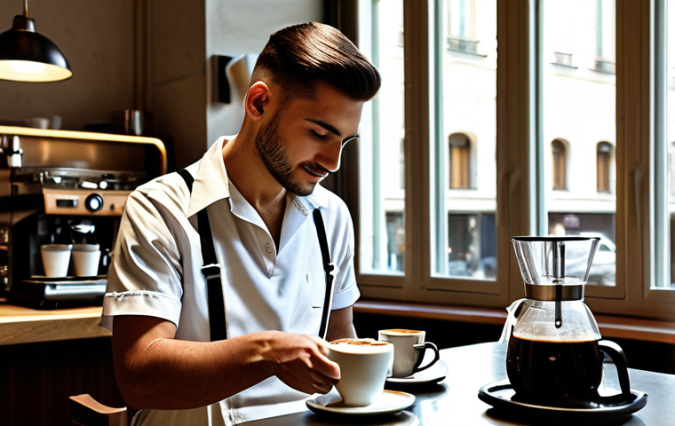 ** A friendly barista in a stylish, modern caff&egrave; in Milan, fully clothed in a crisp uniform, preparing a perfect cappuccino. Sunlight streams through the window. Appropriate attire, safe for work, perfect anatomy, natural proportions, professional photography, high quality.

**