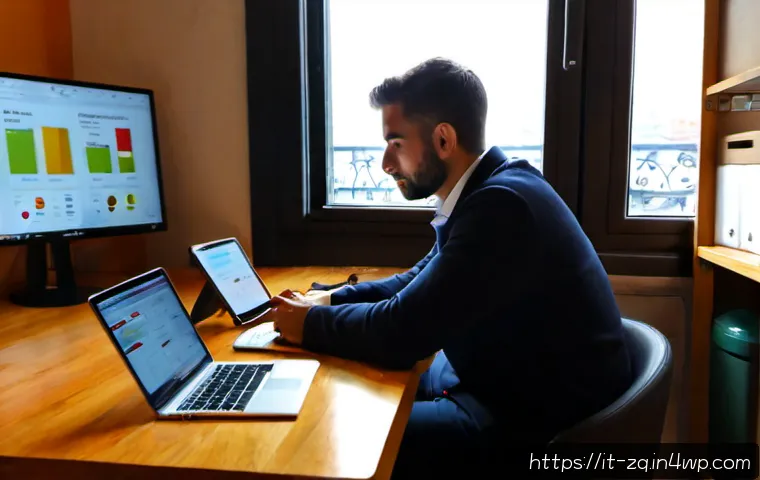 Home 11 소셜 리스닝 툴의 필요성 - Photorealistic Italian small-business owner in a bright Milan café office, thoughtfully reviewing a ...